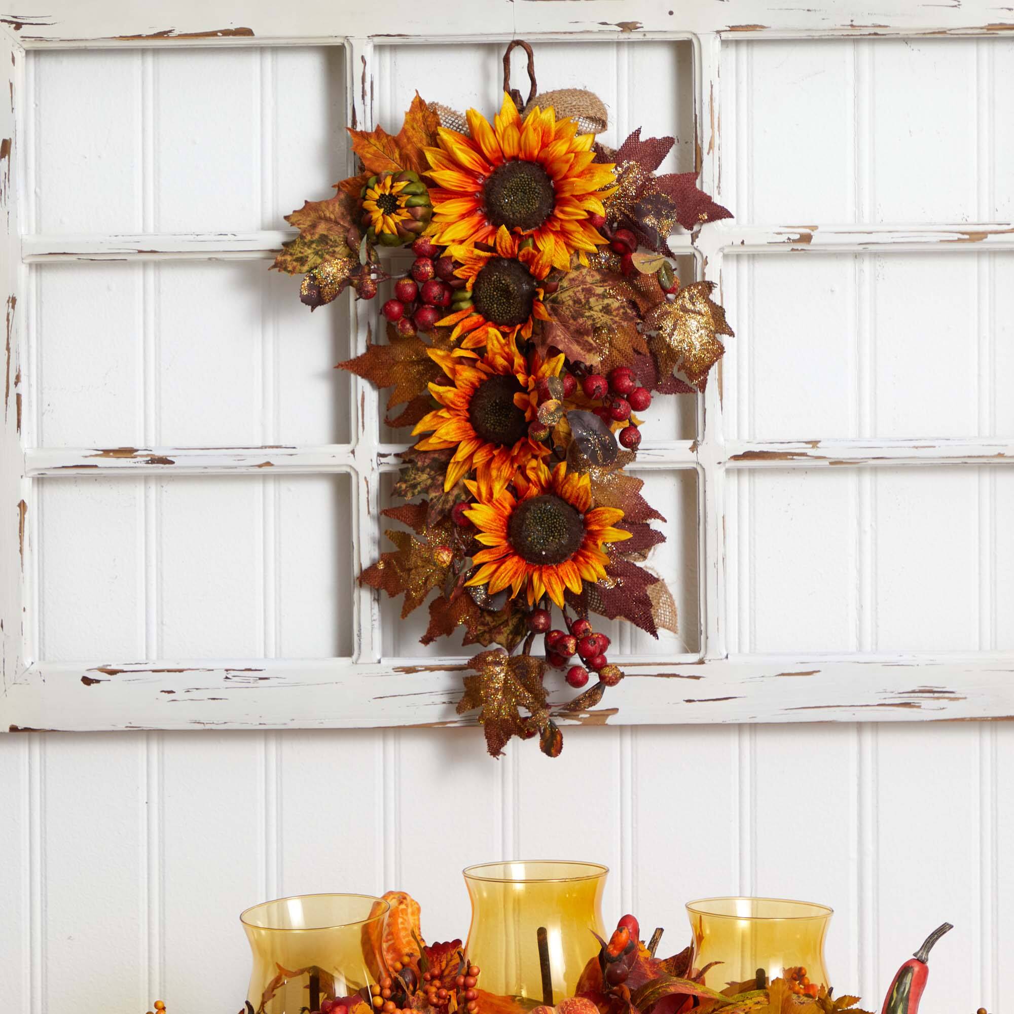 24” Yellow & Red Sunflower & Berry Teardrop Swag